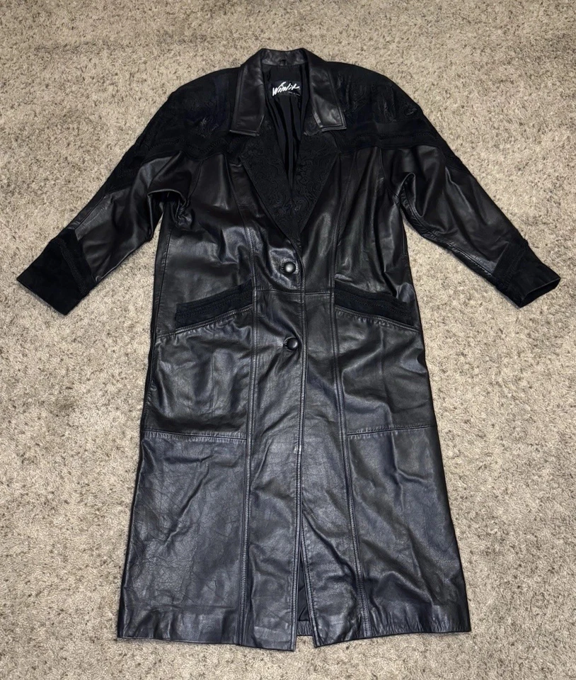 Gabardina Chaqueta WINLIT Vintage Cuero Cachemira Negra Larga Línea Plumero Gótico L Foto 2 de 4