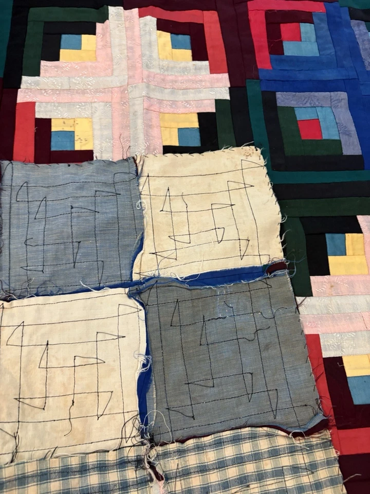 Vintage Log Cabin Hand Stitched Handmade Patchwork Quilt Top 45 x 69” - Image 3 of 4