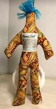 Dammit Doll Stress Relief DAMMIT 13" MAROON Paisley Floral Fabric Body BLUE HAIR