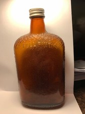 Antique Spider Web Amber Whiskey Flask Glass Bottle Pictorial 1910s Pint Size