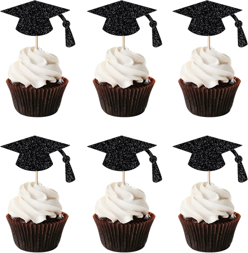 24Pcs Graduation Cupcake Topper - Black Glitter Graduation Cap Graduation Diplom