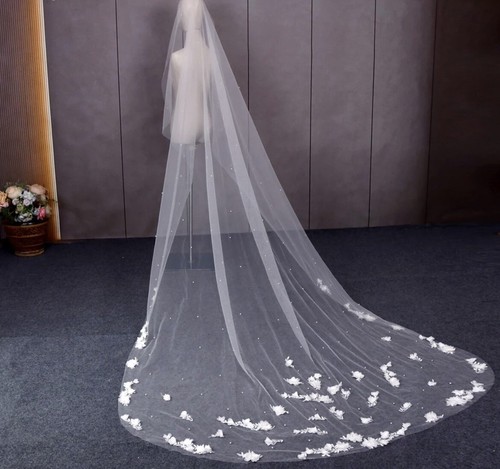 Bridal Cathedral Veil Ivory 3D Luxury Floral Scattered Pearls Soft Tulle 300cm - Picture 4 of 12