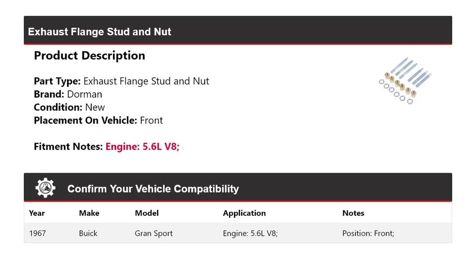 适用于 1967 年别克 Gran Sport 5.6L V8 Dorman 排气法兰螺柱和螺母前 — 第 2/4 张图片