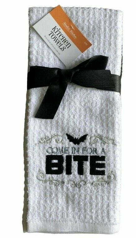 Halloween Kitchen Dish Towels Embroidered Set of 2 Bat Come in for a Bite