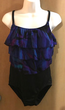 Robby Len SwimFashions Size 12 black blue ruffle Union Made Preowned