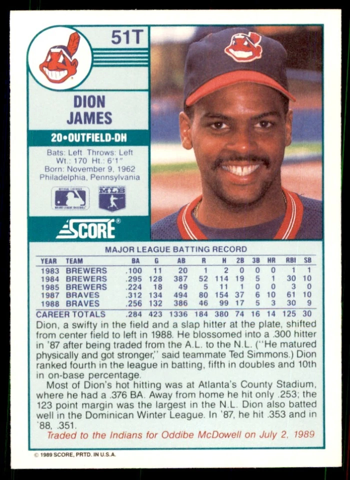 1989 Score Rookie & Traded- Dion James Cleveland Indians #51T - Image 2 of 2