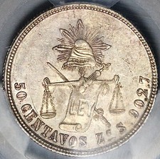 Moneda Como Nueva Zacatecas 50 Centavos México 1877-Zs PCGS AU 58 POP 1/3 (24022001C)