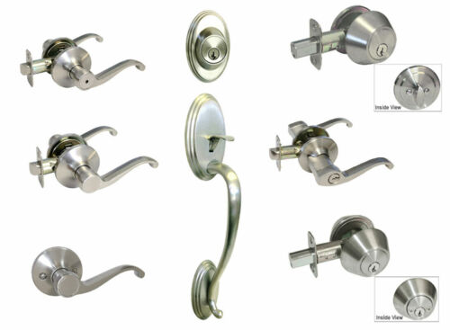 Satin Nickel Door Lever Locks Handle Passage Privacy Keyed Entry Brushed Nickel - Afbeelding 1 van 19