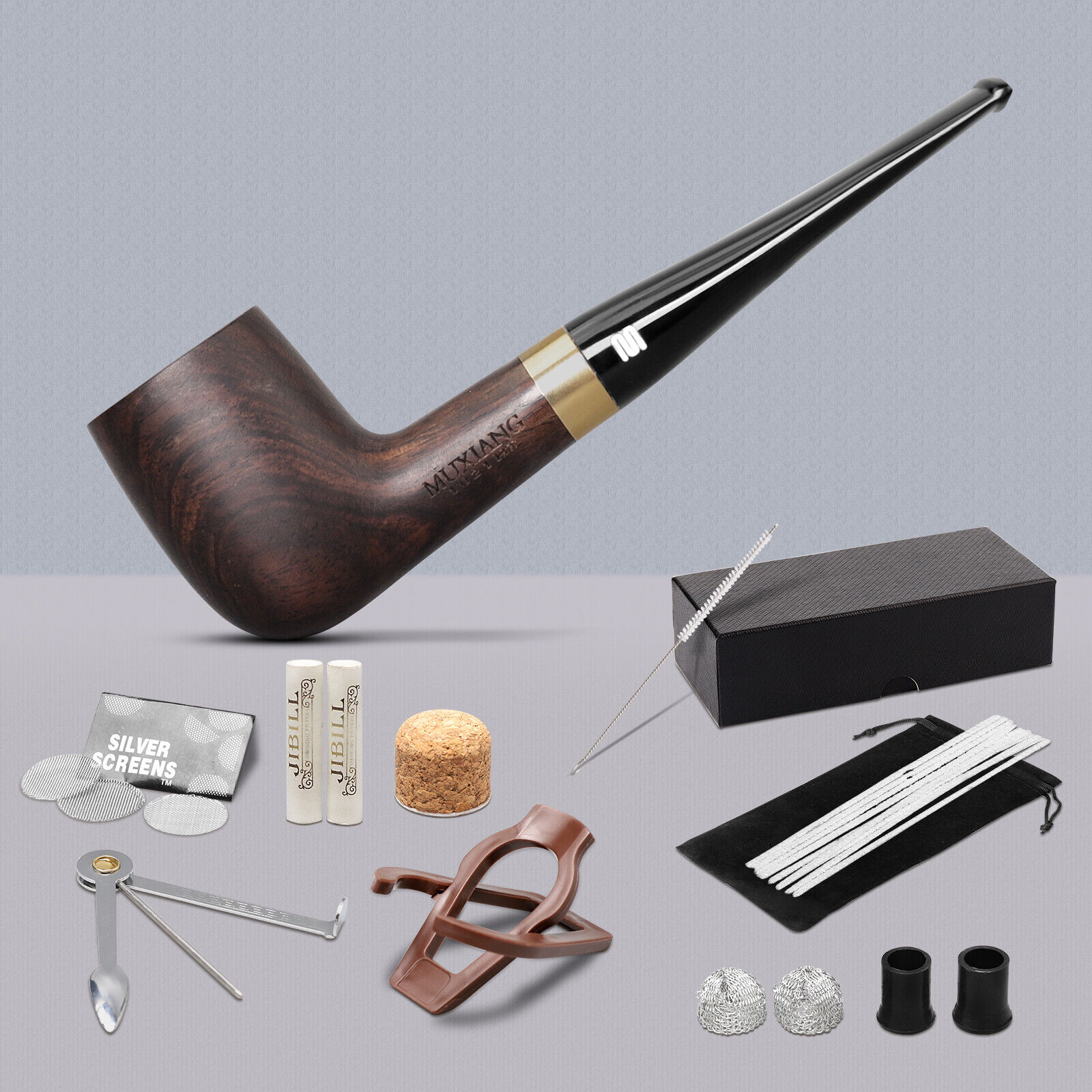 New MUXIANG Ebony Wooden Smoking Pipe 9mm Filter Straight Stem Tobacco Pipe 10 Tools.