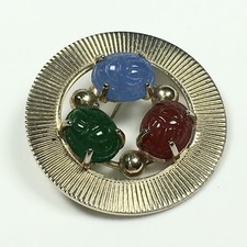 Vintage Circle Brooch Pin Egyptian Revival Glass Scarabs 1.3"