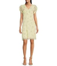 SIZE 8 Calvin Klein Chiffon YELLOW Floral Print Puff Sleeve V-Neck Sheath Dress