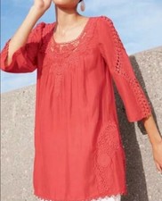 Contrast Boho Mango Coral 3/4 Sleeve Peasant Pullover Tunic Size Large No Tags