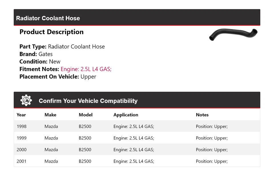 Для 1998-2001 Mazda B2500 2,5 л L4 газовый радиатор охлаждающая жидкость шланг верхние ворота 1999 - Изображение 2 из 4