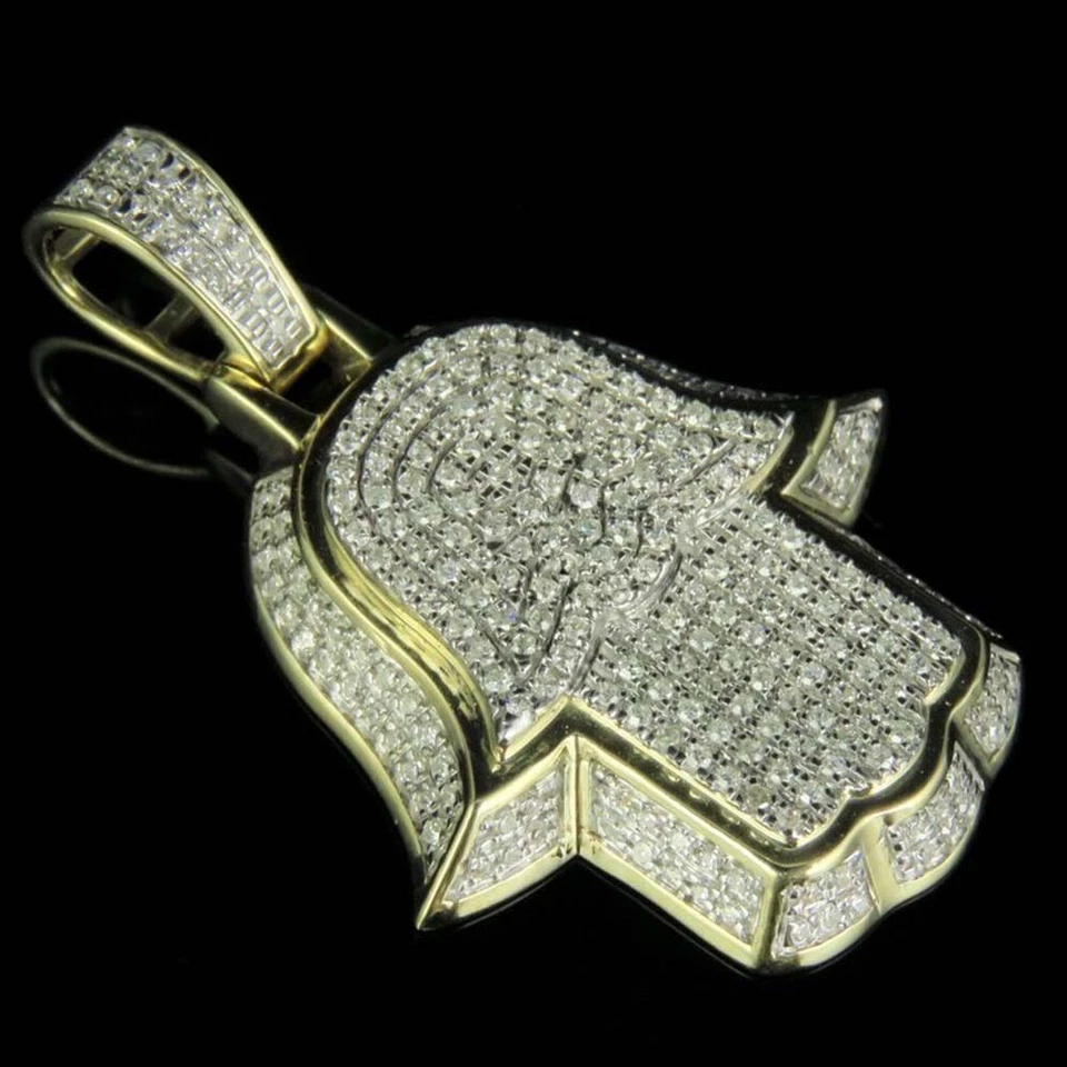 Мужской кулон Hamsa с покрытием из желтого золота 14 карат с муассанитом 0,70 карата D/FL 1,5 дюйма - Изображение 3 из 4