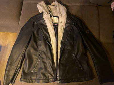 CECIL Damen Bikerjacke Kunstleder Schwarz/Grau Kapuze Reißverschluss Gr. XL