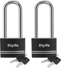 Diyife Padlock with Key, [2 Pack] [Waterproof] Lock with Key, Long Shackle Padlo
