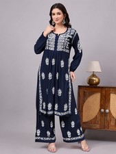 Women's Rayon Chikankari Kurta Palazzo Set Navy Blue, Hand Embroidered, Ethnic