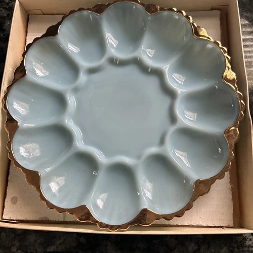 Vintage Anchor Hocking Fire King Delphite Blue Deviled Egg Serving Dish Plate