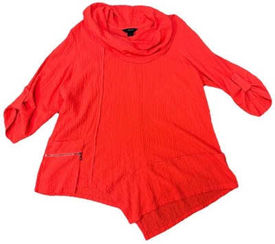 Ali Miles Roll Up 3/4Sleeve Cowl Neck Asymmetric Textured 1X Orange Tunic Top