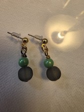 LT. BLACK Seaglass Spring Green Glass bead Brass Post Earrings drops Artisan