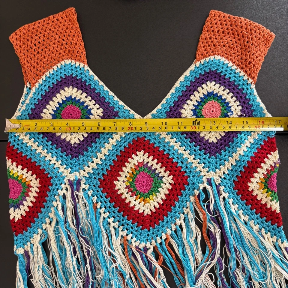 Top Crochet Granny Cuadrado Flecos Talla S Sin Mangas Colorido Festival Boho Hippie Foto 3 de 4