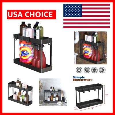 Sleek Black 2-Tier Under Sink Storage Tray with Hooks for Efficient Organization