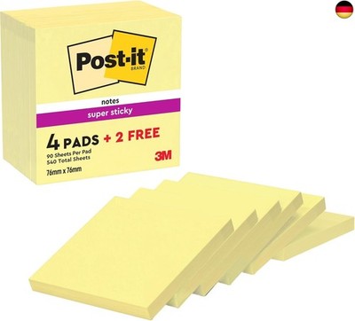 Post-it Super Sticky Notes Kanariengelb, Packung mit 6 Blöcken, 90 Blatt pro 