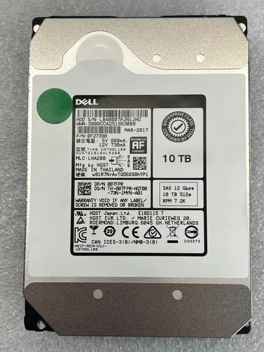 Dell 10TB 7.2K RPM SAS 12Gb/s 3.5" 512e HDD 007FPR HUH721010AL5200 - TESTED