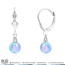 14K White Gold 7mm Blue Fire Opal Ball Leverback Dangle Earrings
