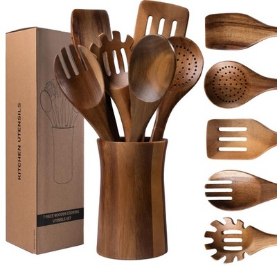7 Piece Natural Acacia Wooden Kitchen Utensil Set with Holder - Wooden Spoons...
