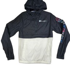 Champion Packable Half-Zip Hooded Windbreaker Black White Women's Size Small