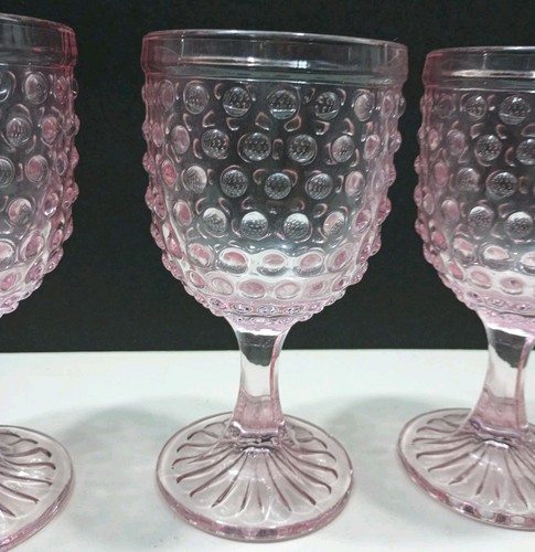 Set 4 Anchor Hocking Vintage Pink Hobnail Water Goblet Glasses Stemmed - Picture 4 of 9