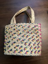 Vintage Woven Straw Purse Handbag Floral Dainty Rosettes Tote Shoulder Bag