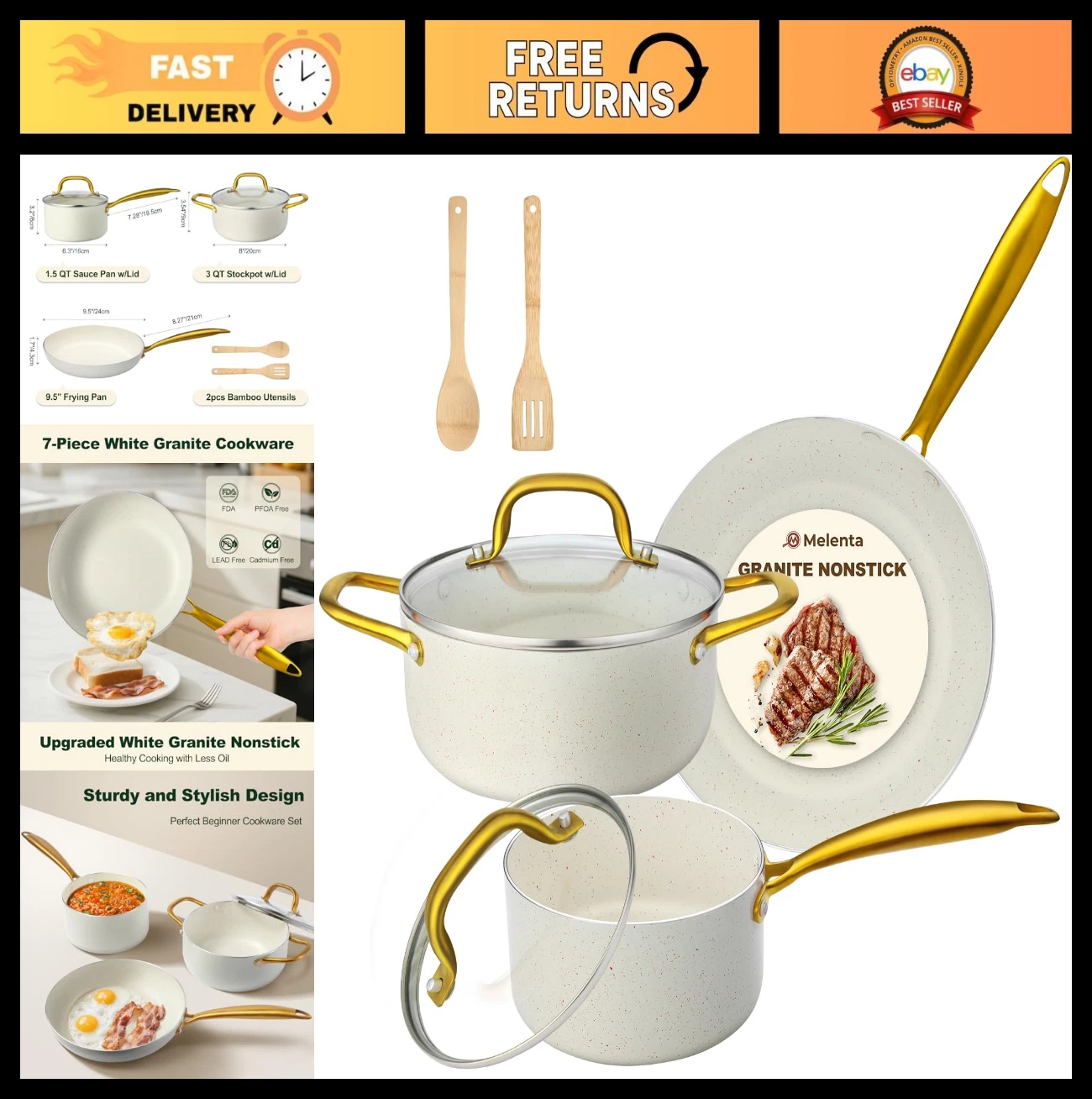 7-Piece Non-Stick Granite Cookware Set, Induction Compatible, Oven Safe, Gold Ha
