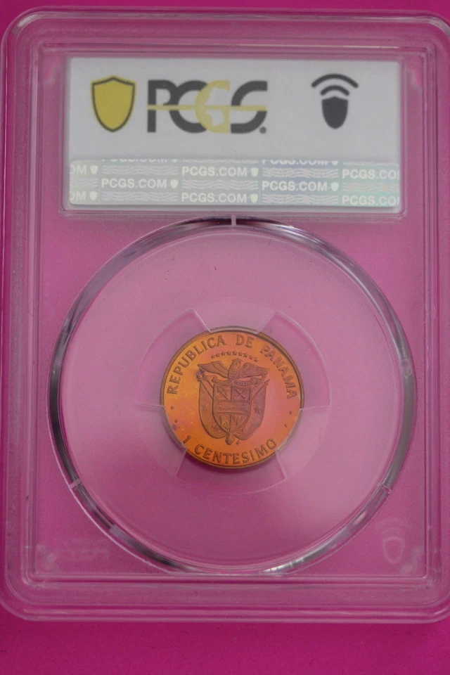 Боливар радужного тона 1980 FM PR 68 RB Panama KM 33.2 Edge 1 Centesimo PCGS 1207 - Изображение 2 из 3