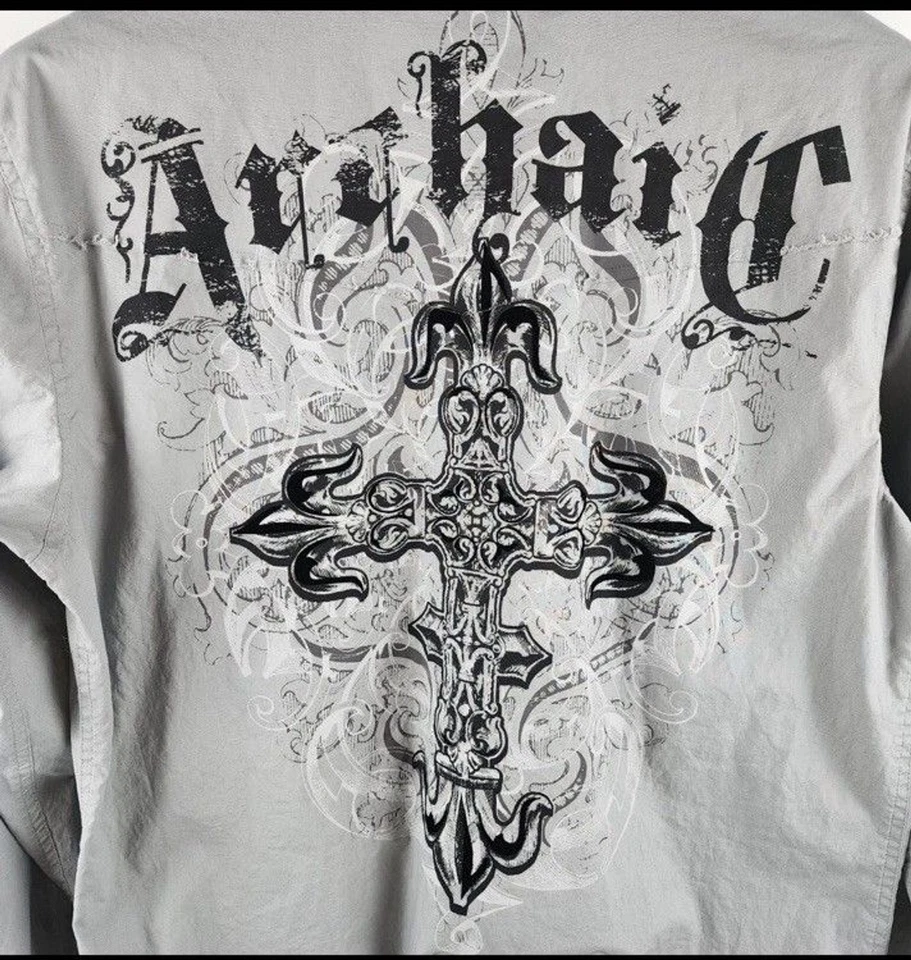 Camisa Arcaica Para Hombre XL Botones Gris Manga Larga Diseño de Logo Foto 3 de 4