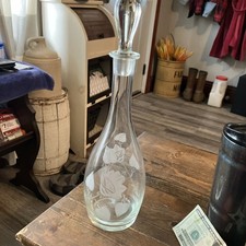 VTG Clear Glass Decanter Etched Floral Design Pointed Glass Stopper Empty 16”