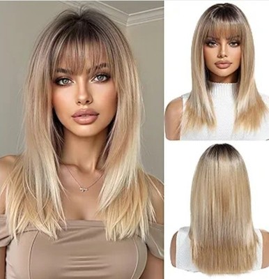 Blonde Wig - Human Hair Blend Short Straight Layers Bangs 