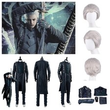 Devil May Cry 5 Vergil Aged Outfit Cosplay Costume+Silver Wig Halloween fullsets