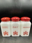 3 Red On Milk Glass Pa Dutch Roastmeat Seasoning Salt & Pepper Range Shakers Set