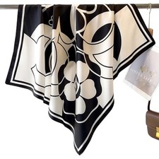 Fashion and Elegant Silk Feeling Scarf Square Satin Retro Style Black-flower