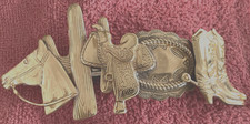Western Cowgirl Barrette Hair Clip Brass Made in France Horse Boots Saddle VNTGE
