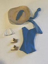 VTG 60s Mattel Barbie Doll In The Swim Blue Swimsuit Gold Wedge Sunglass Hat Set