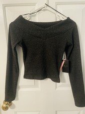 Women  s Charcoal Off The Shoulder Long Sleeve Cropped Sweater SZ S NWT