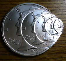 1916-D  FRACTTIONAL MULTI-STRIKE MERCURY DIME 2 OZ. .999 SILVER TRIBUTE COIN