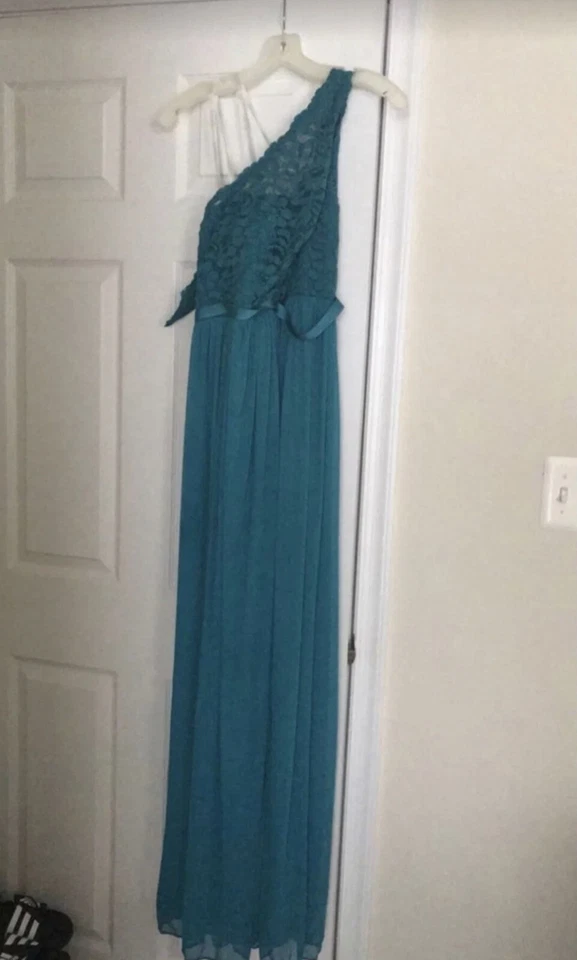 Davids Bridal Long One Shoulder Lace Bridesmaid Dress - Image 2 of 2