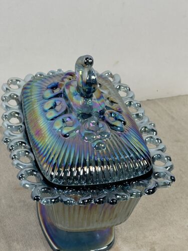 Vintage Indiana Glass Lace edge Iridescent Blue Glass Pedestal Candy Dish - Picture 3 of 11