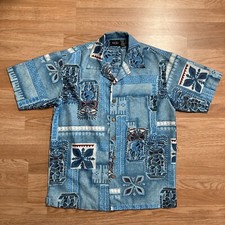 VTG 90s Anchor Blue Men  s M Hawaiian Button Up Short Sleeve Blue Shirt Tiki E