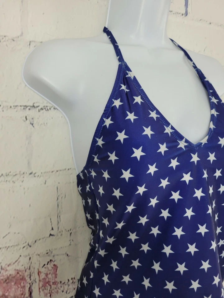 Bobbie Brooks ladies Swimsuit Blue Stars Tankini Top only Medium V-neck Halter - Image 3 of 4