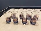 8 Vintage Anchor Hocking Striped Red, Blue, Gold Glasses Tumblers - 12oz
